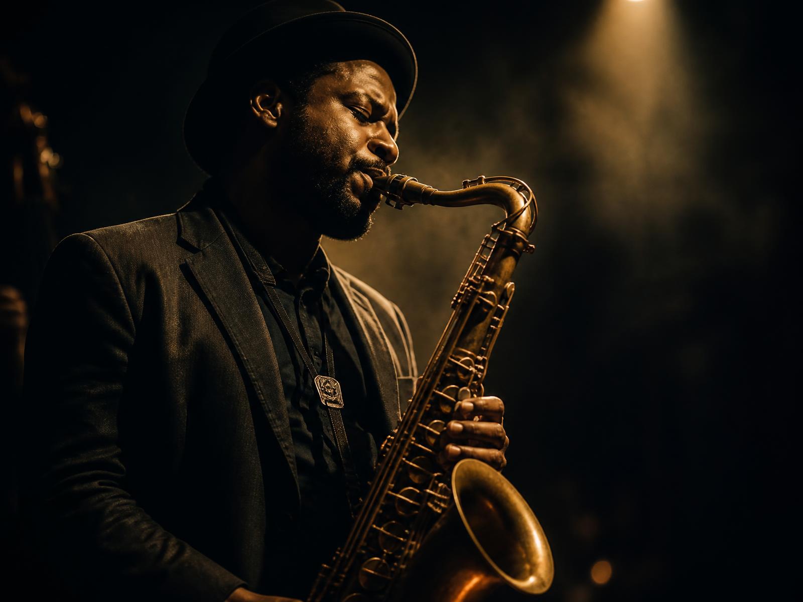 Saxophonist performing under warm stage lighting